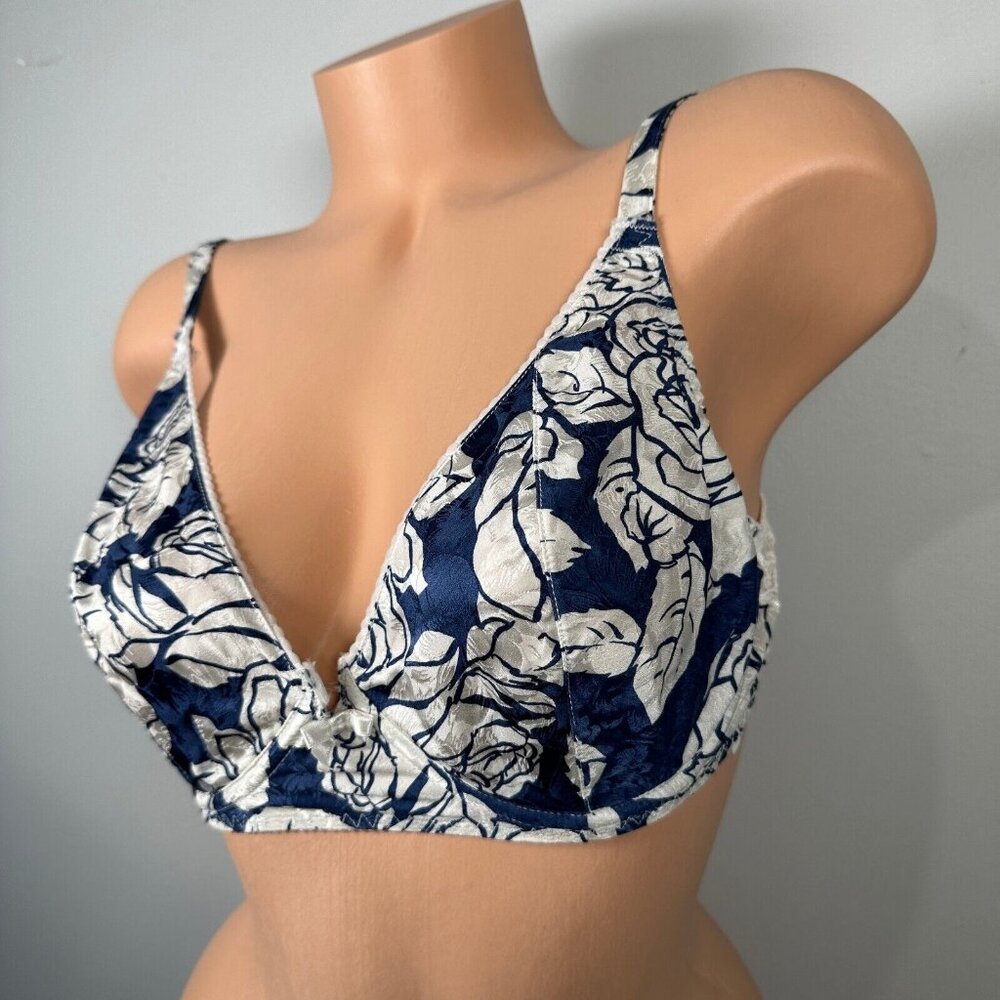 Vintage Adriana‎ Papell 34D Bra Floral Blue White Silk Underwire Plunge 6430 - Picture 2 of 14